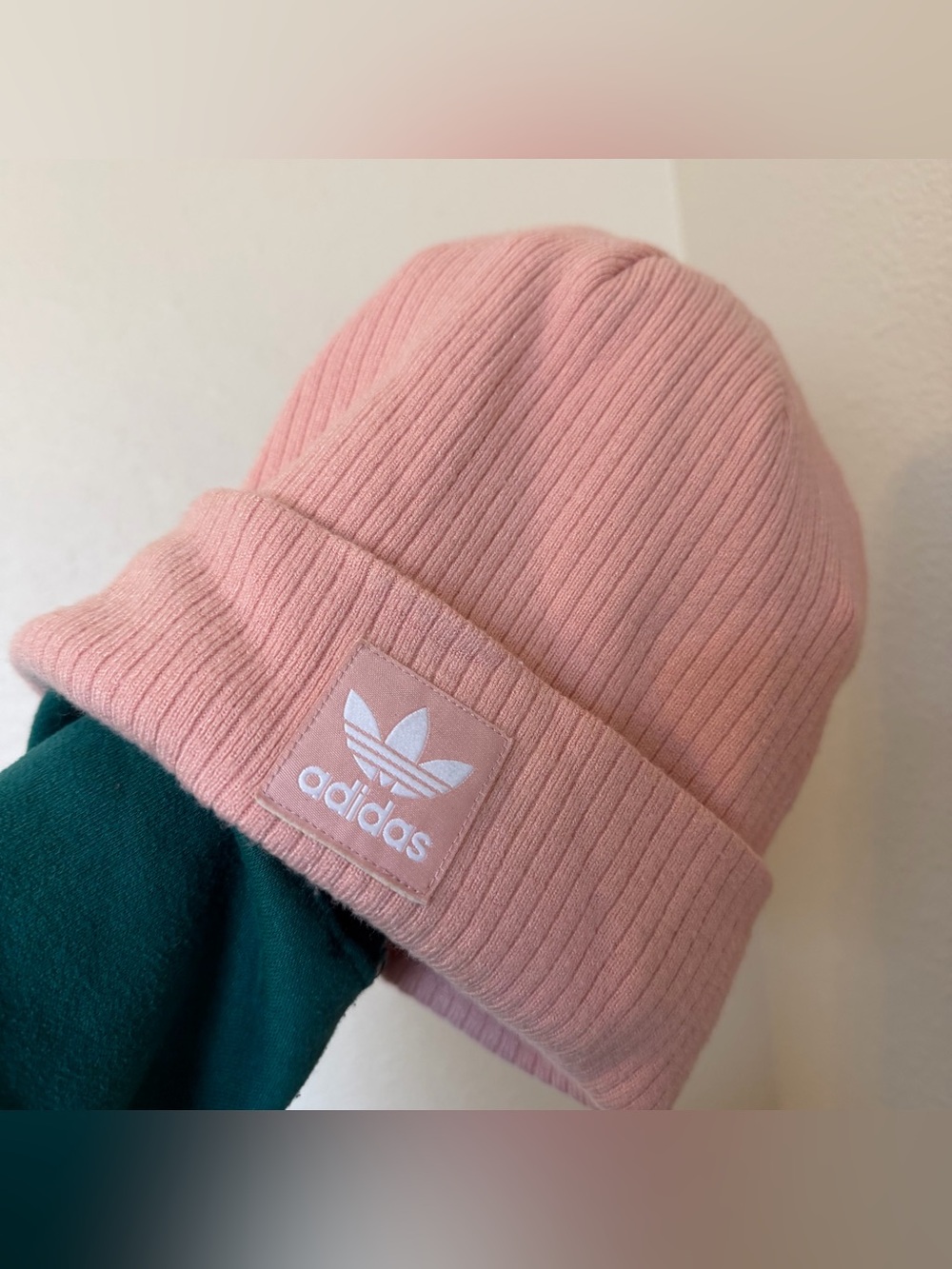 Adidas womens baby pink ribbed knit logo beanie hat streetwear winter y2k preppy